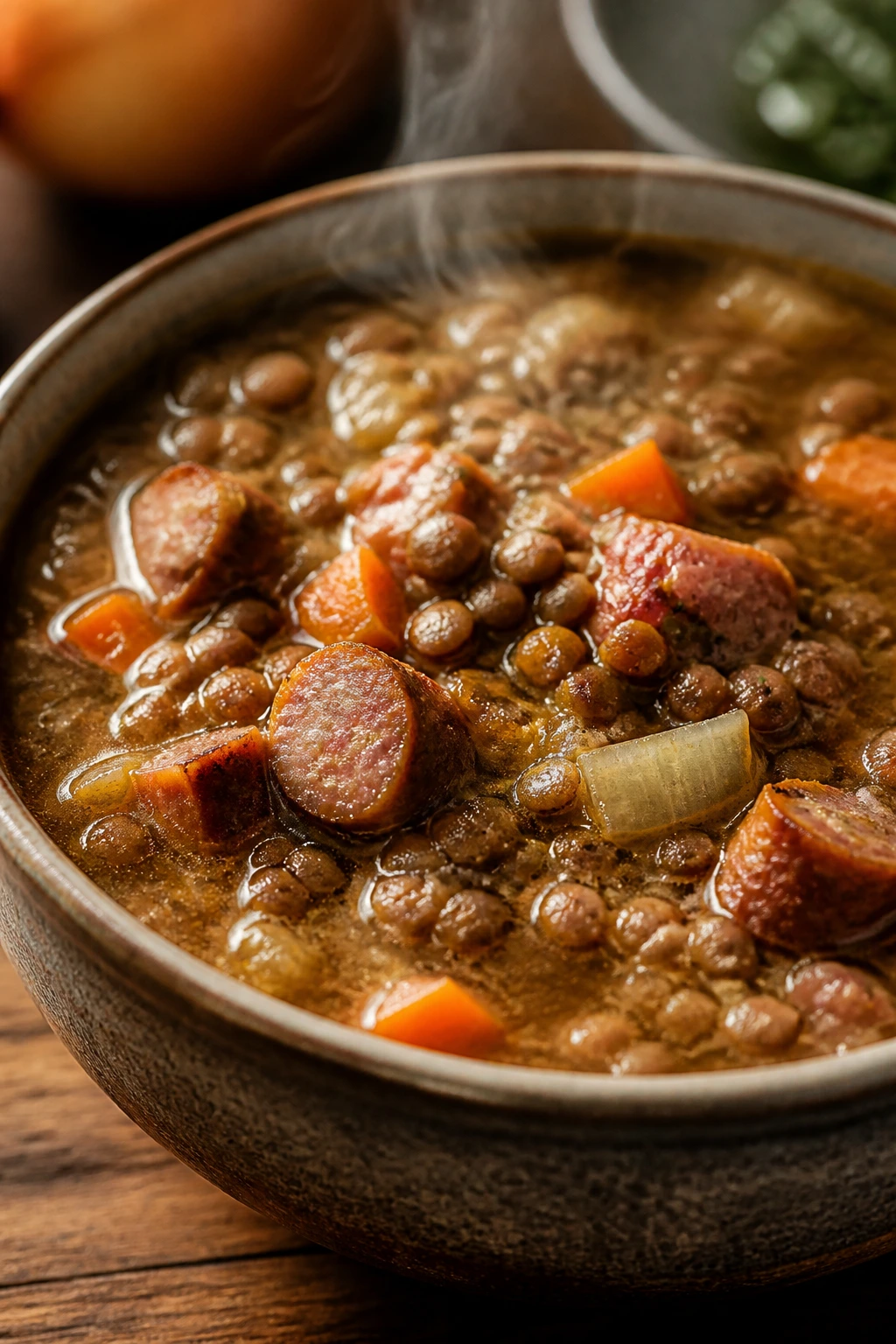 Bowl of lentil soup with sausage pieces and vegetables.