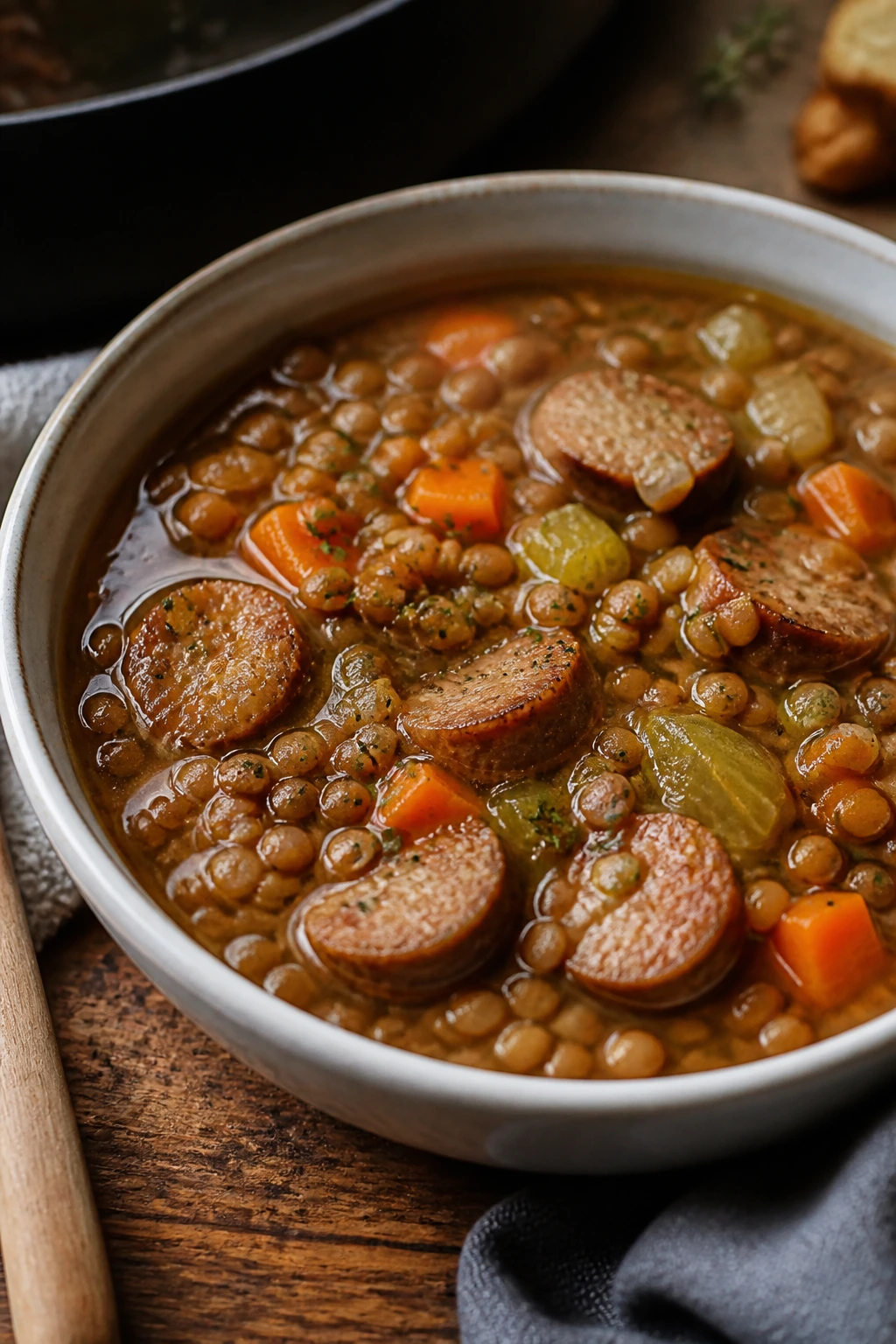 Close-up of lentil soup with sausage in a rustic bowl