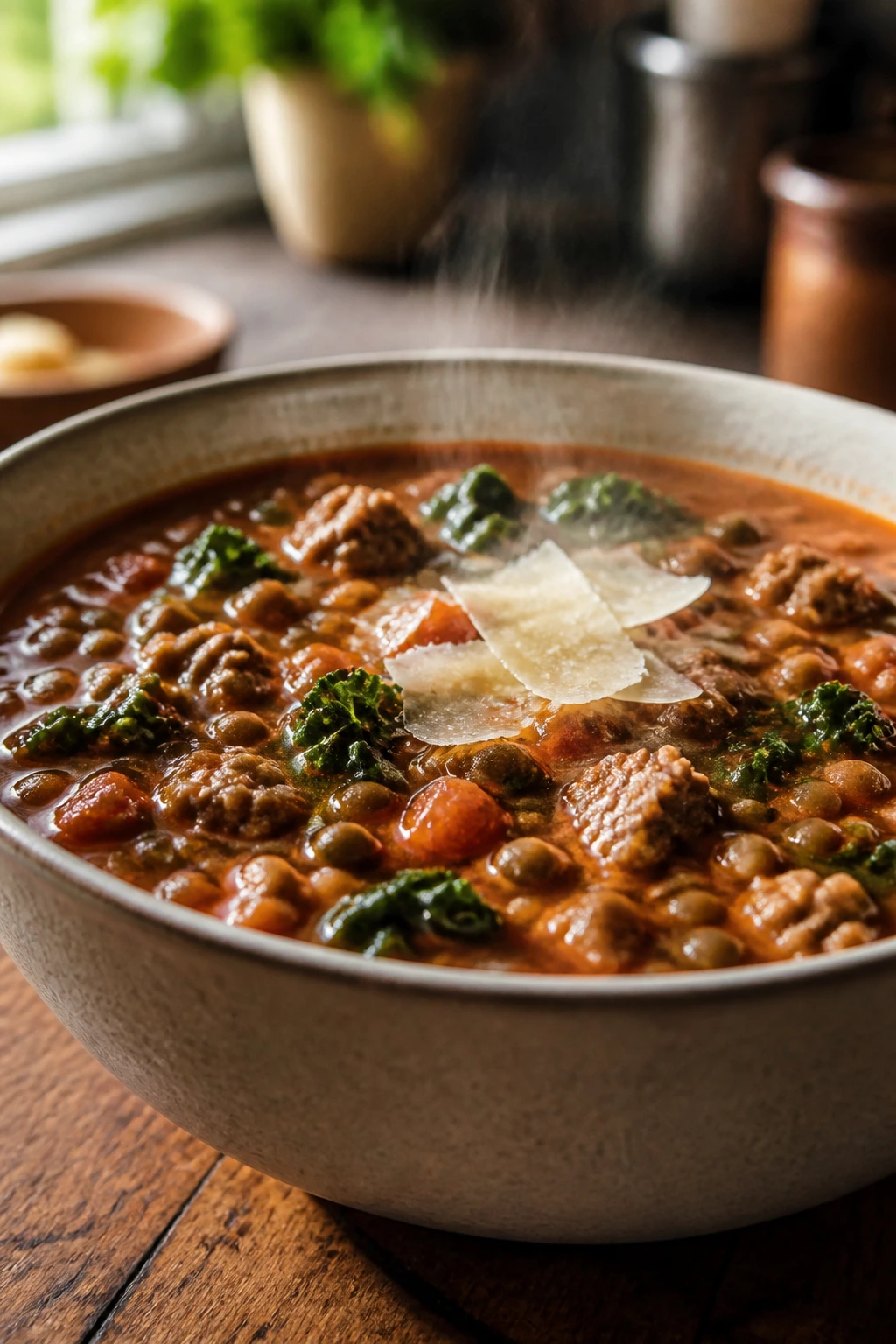 Steaming bowl of lentil and Italian sausage soup with kale garnish on a rustic wooden table.