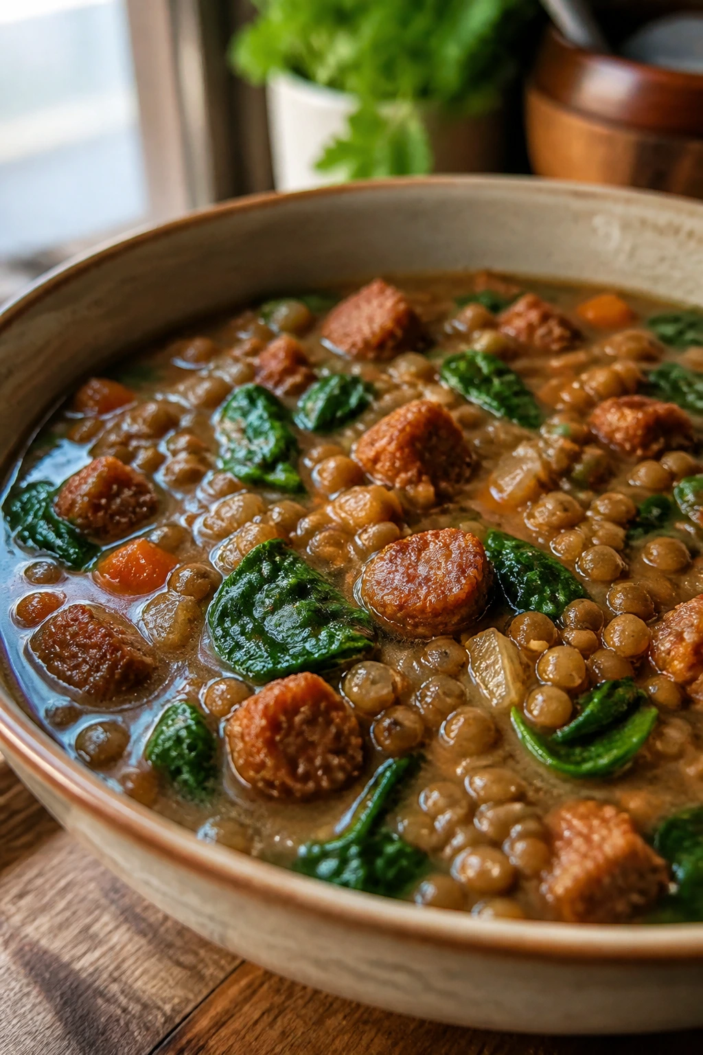 Close-up Lentil Soup with Sausage and Spinach in rustic bowl