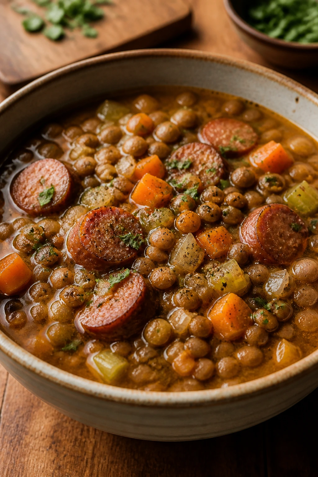 Hearty lentil and sausage stew in a rustic bowl on a wooden table