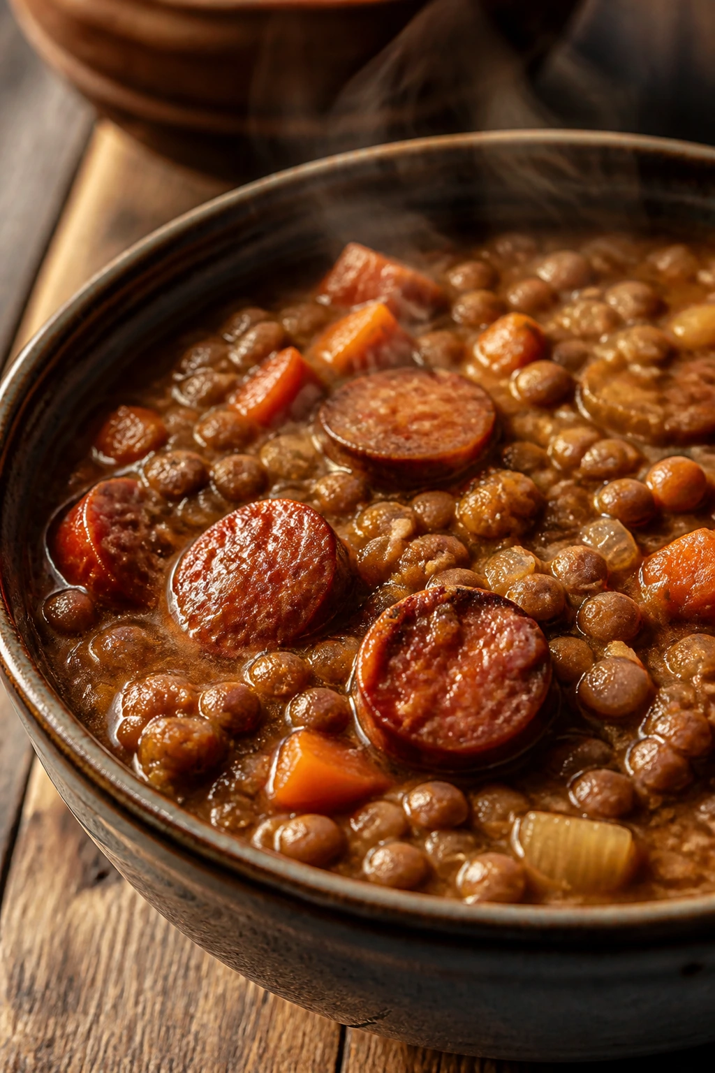 Deep bowl of sausage and lentil stew, hearty and steaming