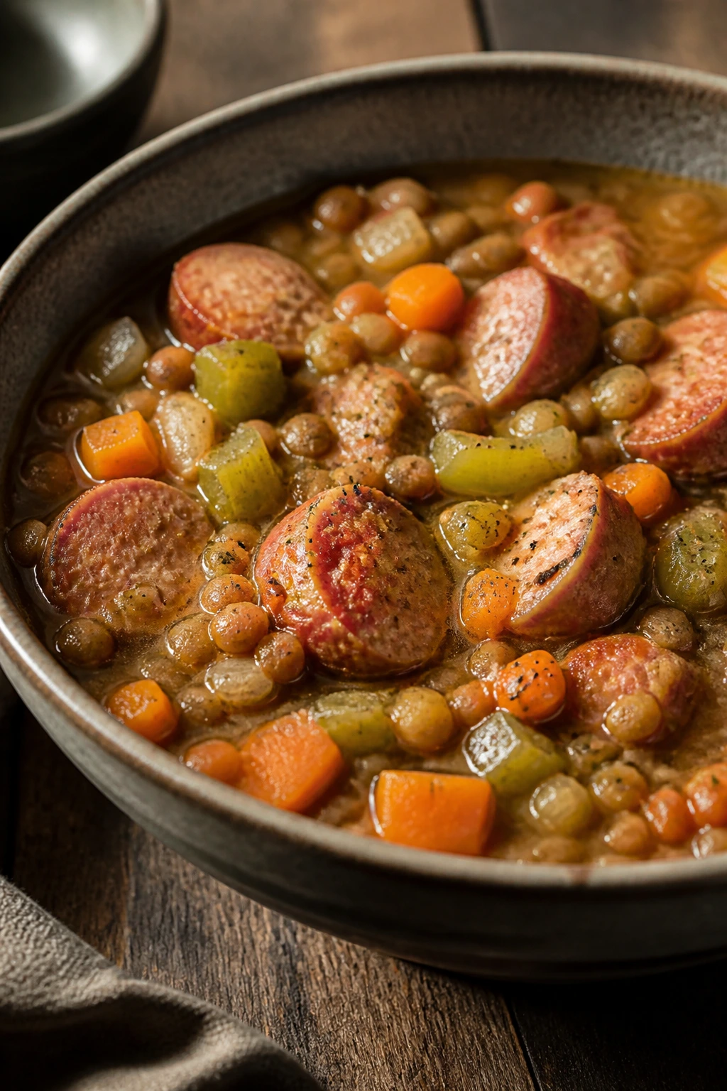 Bowl of lentil stew with sausage
