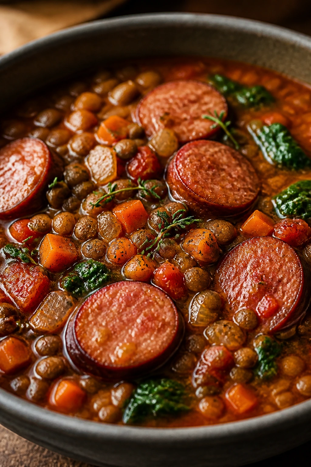 Bowl of lentil stew with sausage and vegetables.