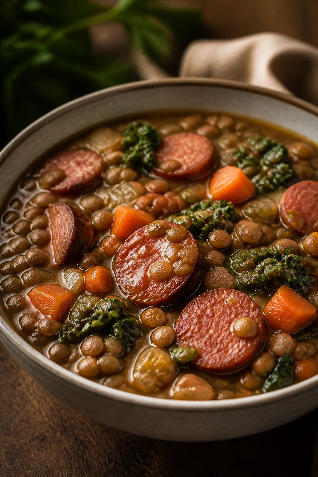 Lentil stew with sausage in a rustic bowl