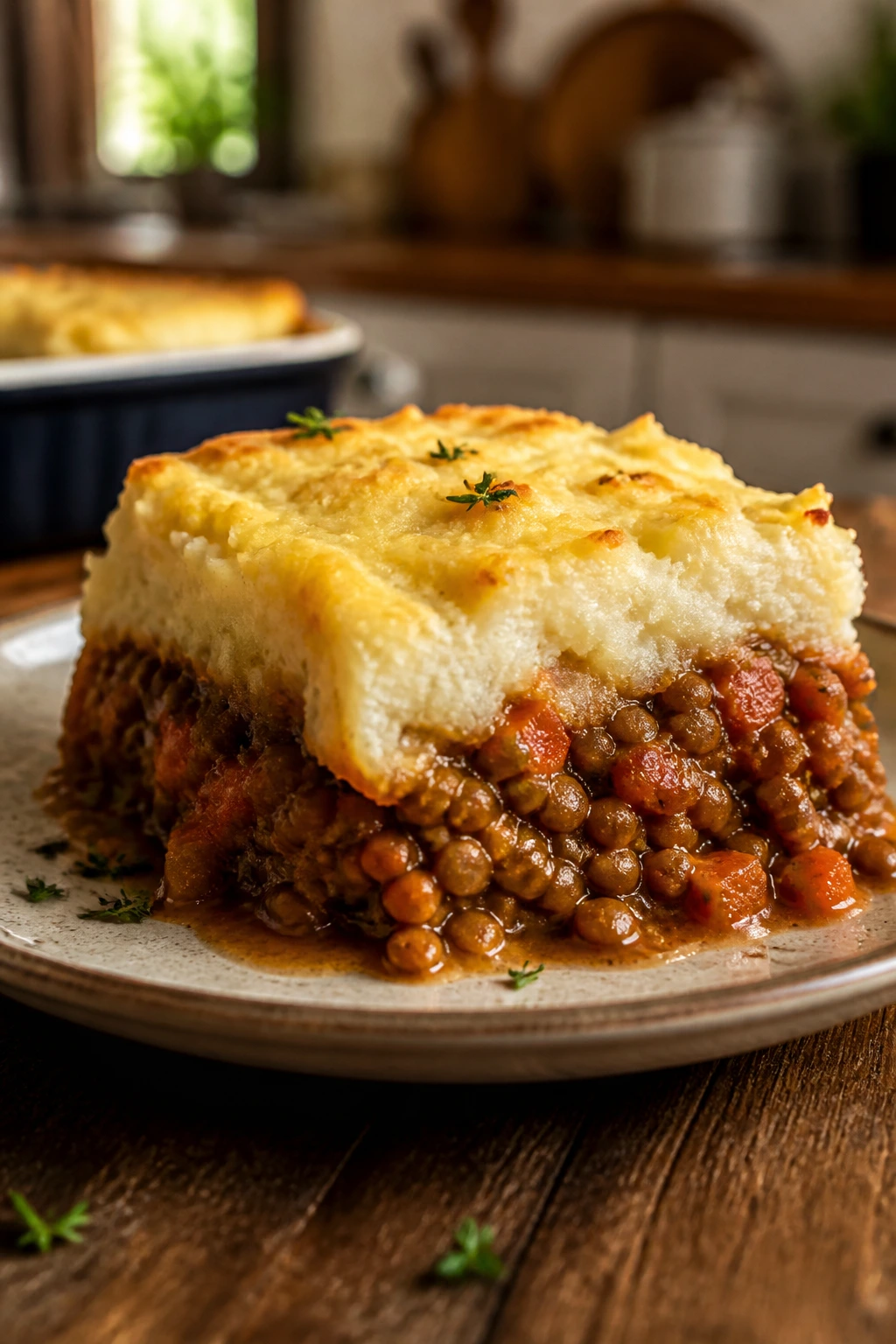 Close-up of lentil shepherd’s pie with cauliflower mash on a rustic table