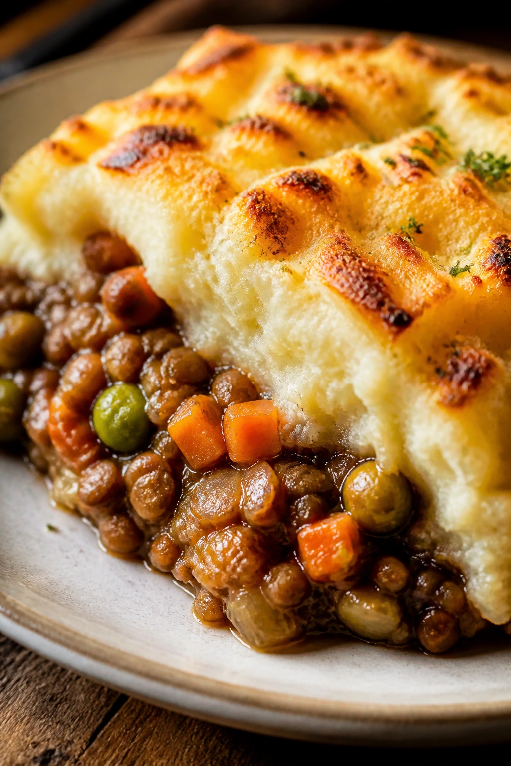 Close-up of lentil shepherd's pie slice on a plate