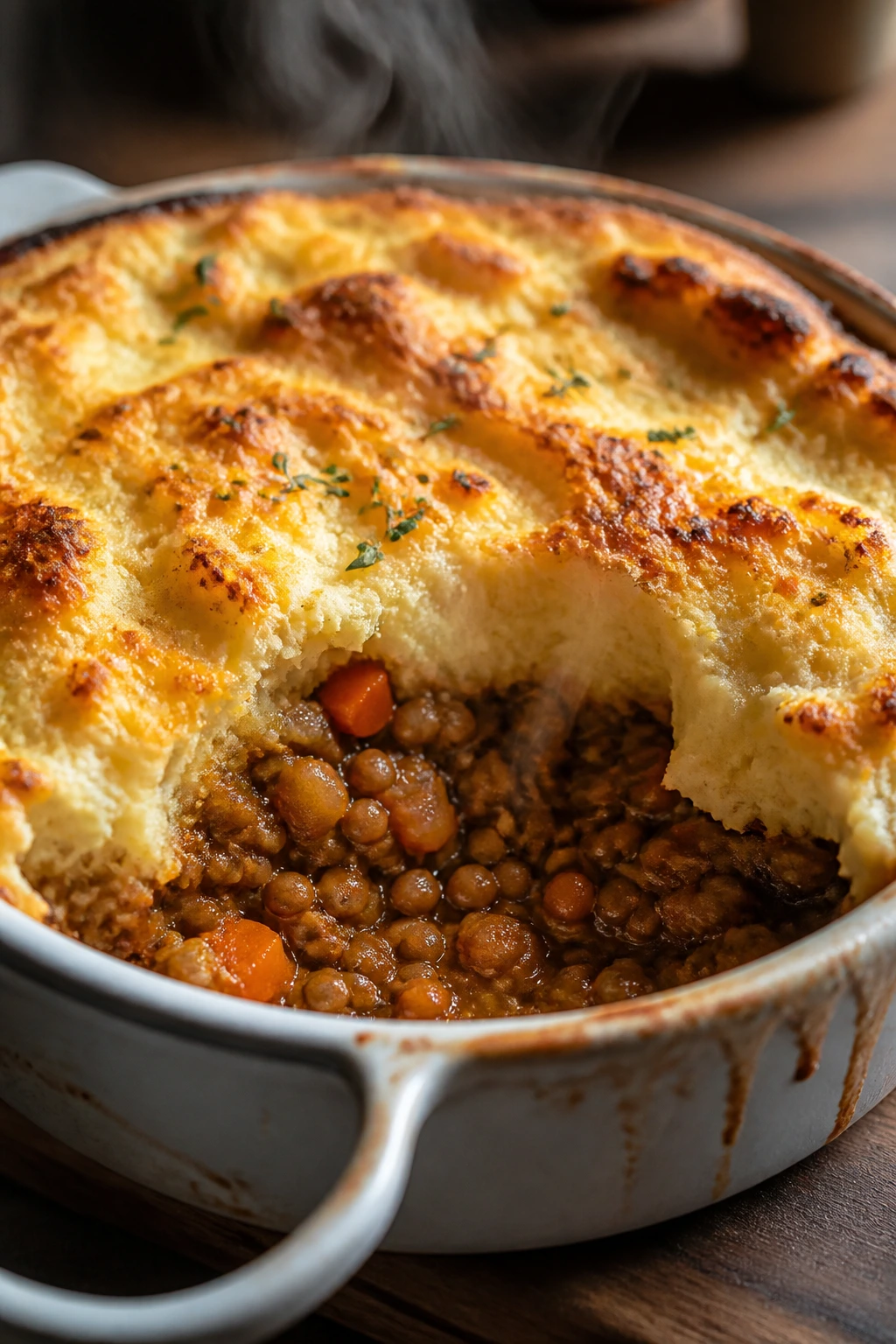 Close-up of lentil shepherd's pie in a baking dish with mashed potato topping
