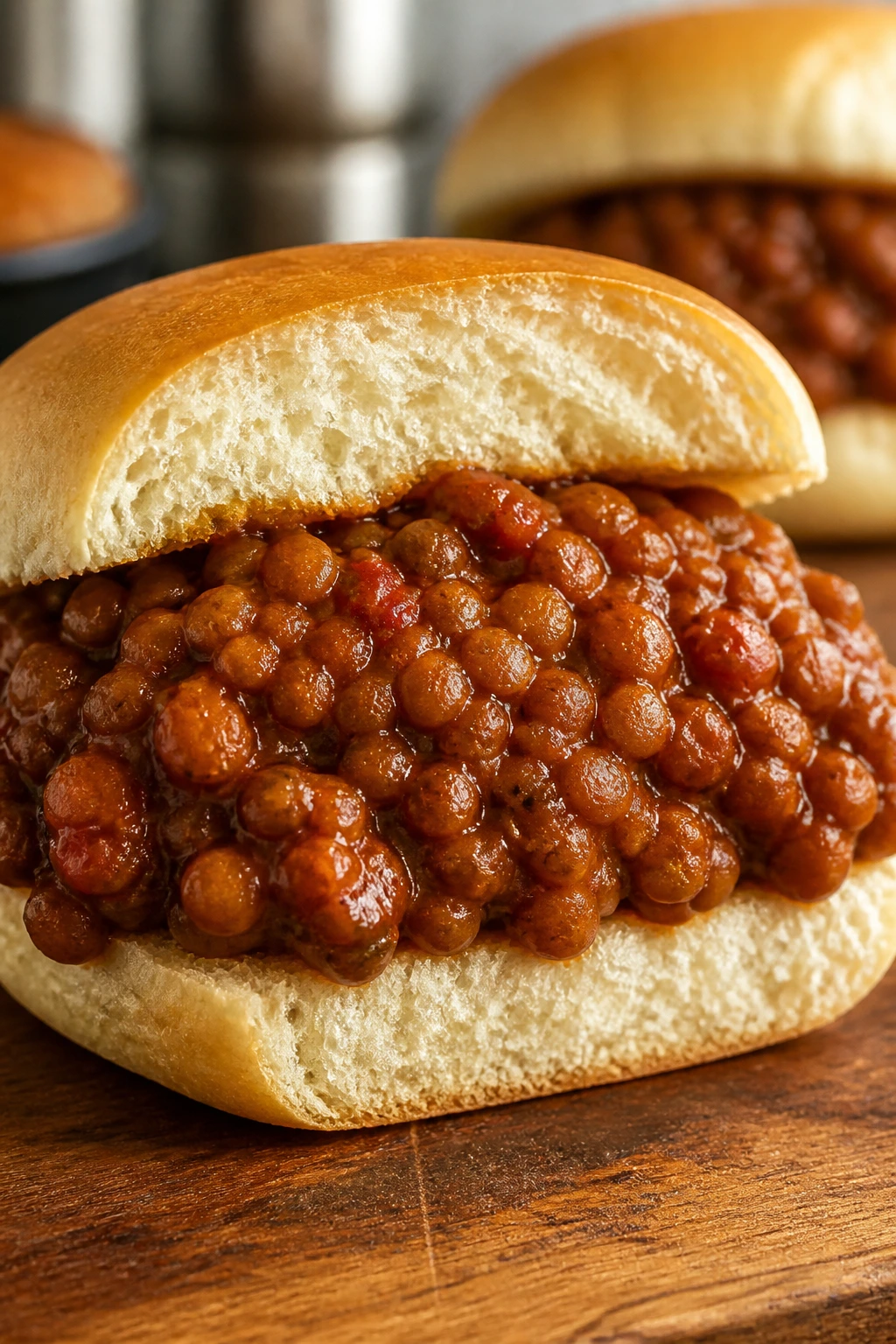 Lentil sloppy joes on a bun cross-section