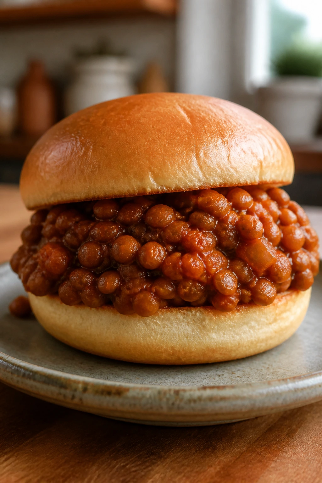 Close-up of lentil sloppy joe sandwich showing saucy lentil filling between a bun