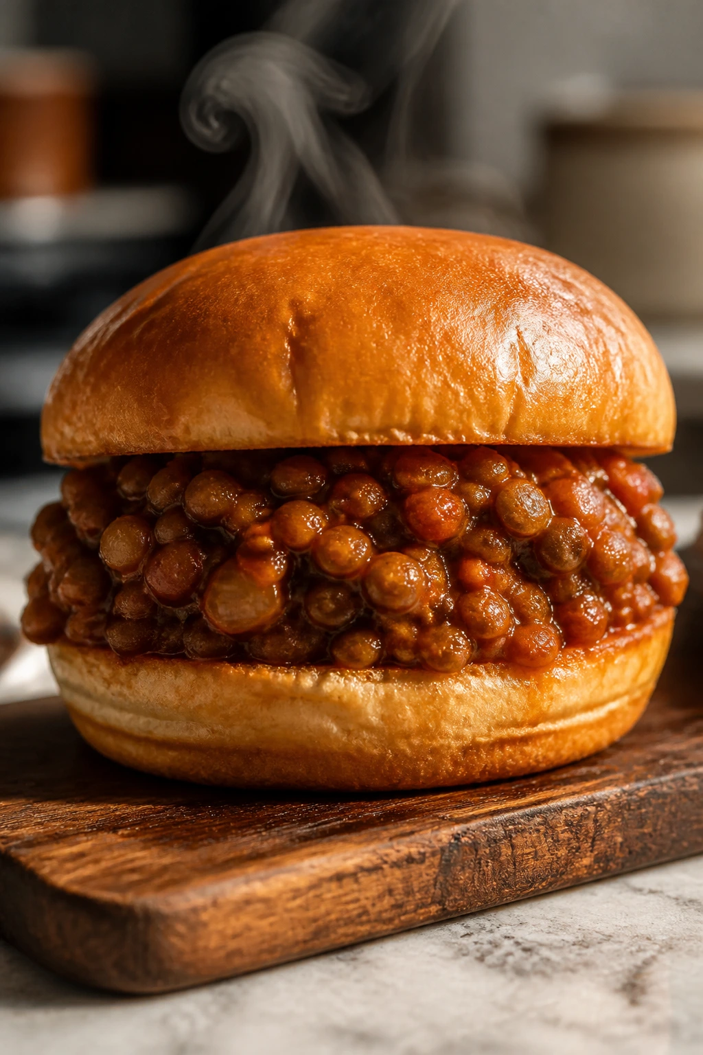 Close-up of a lentil sloppy joe on a bun in a warm kitchen
