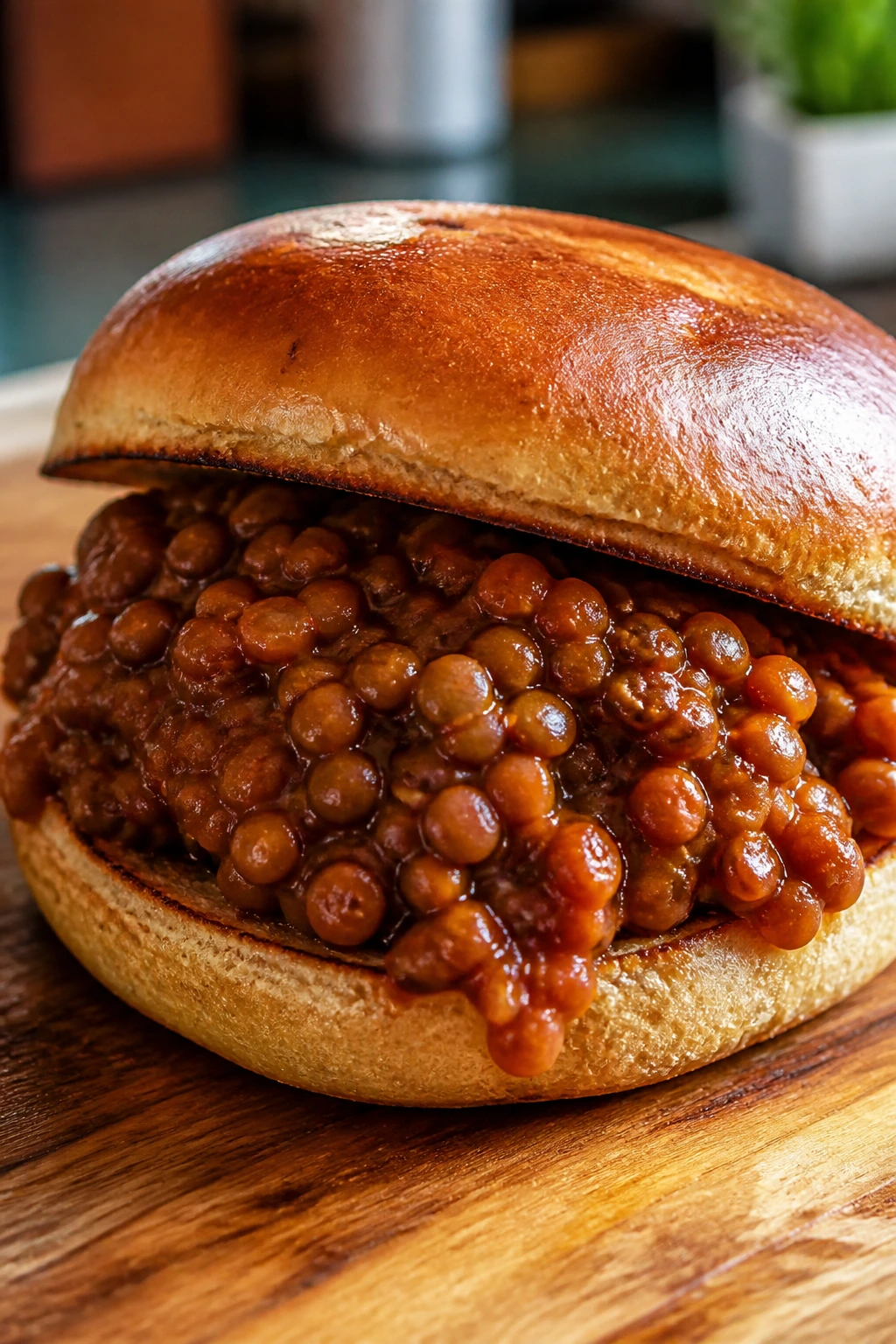 Close-up lentil sloppy joe on toasted bun in warm kitchen setting