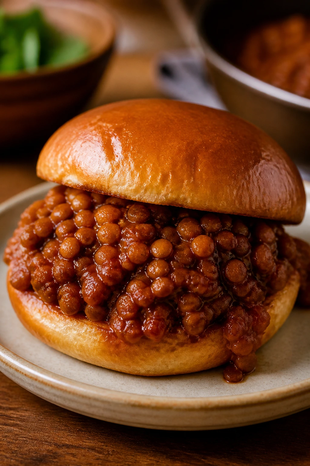 Close-up of smoky lentil sloppy joe sandwich on a plate