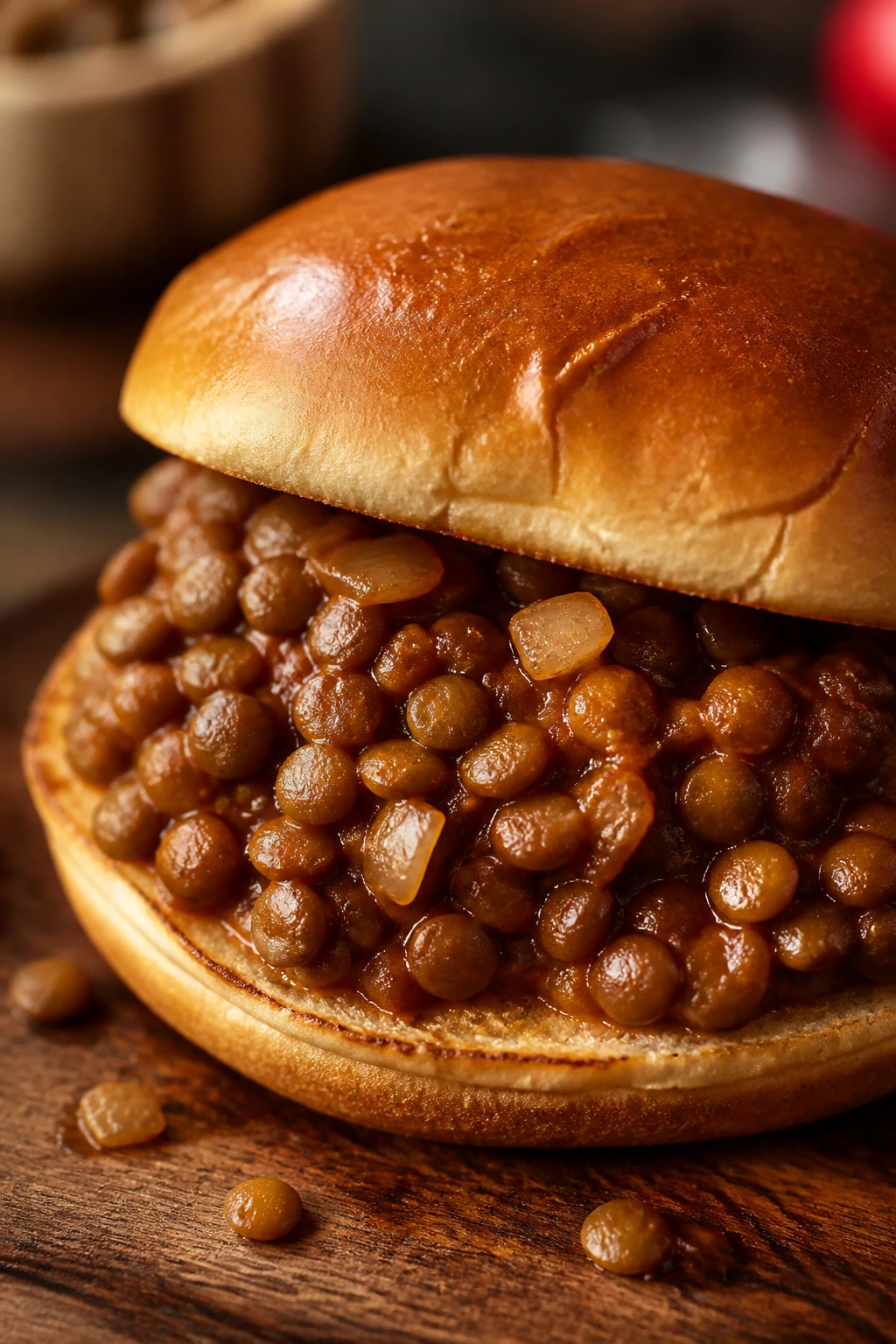 Toasted bun with lentil sloppy joe filling on a wooden table