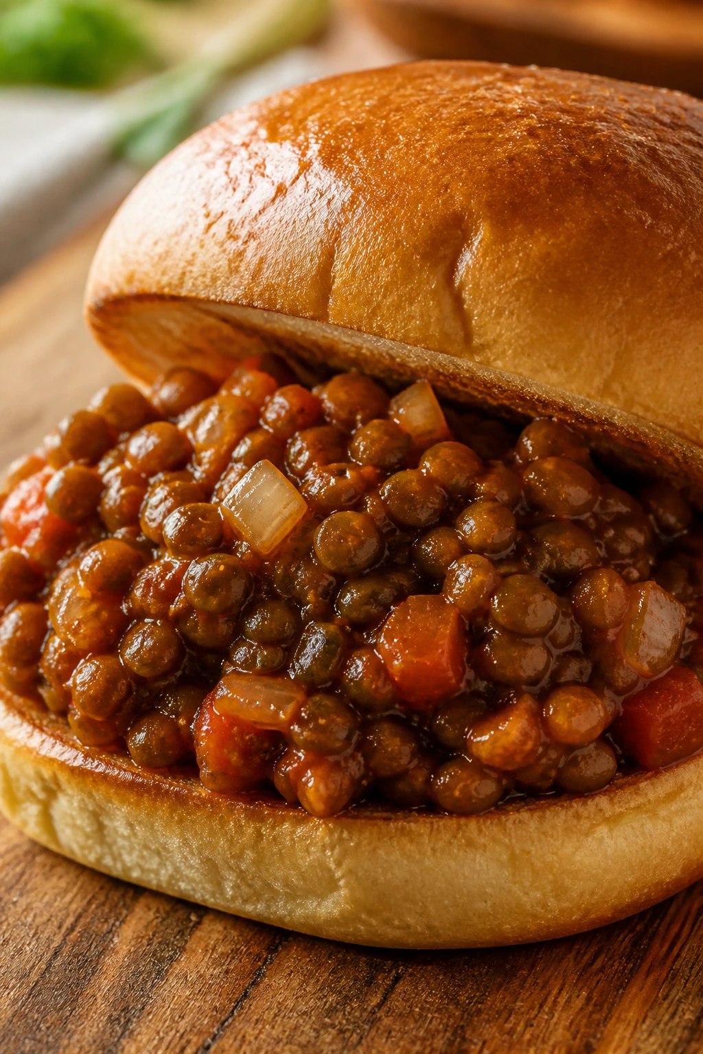 Toasted bun with lentil sloppy joe filling