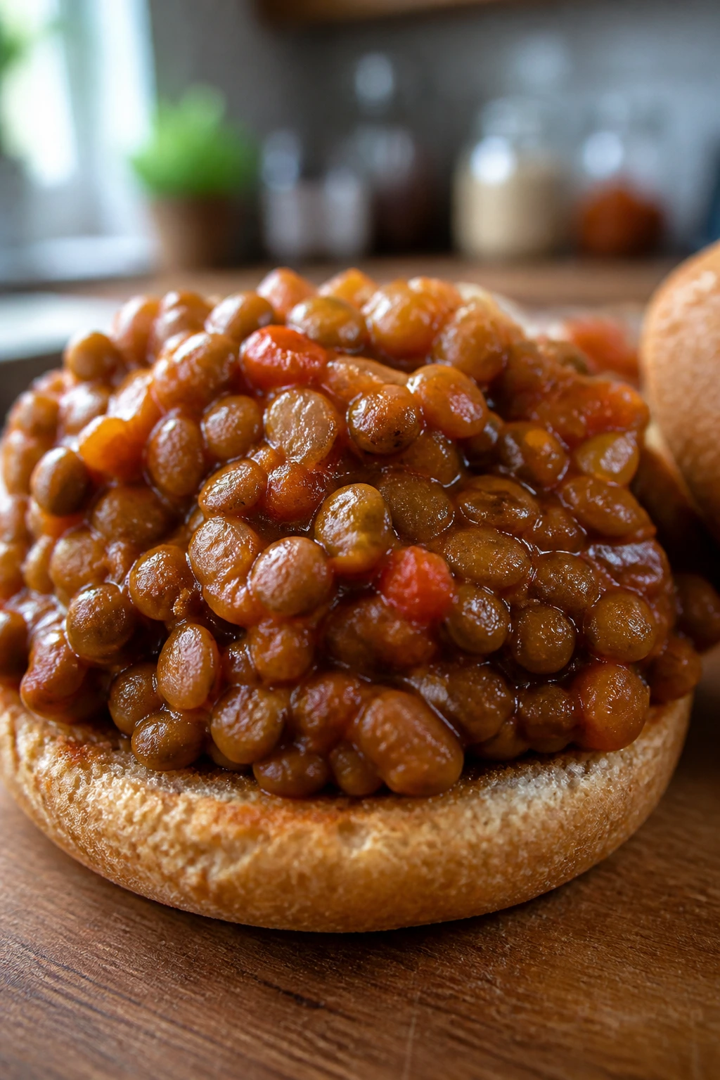 Close-up of lentil sloppy joes filling on a toasted bun in a cozy kitchen