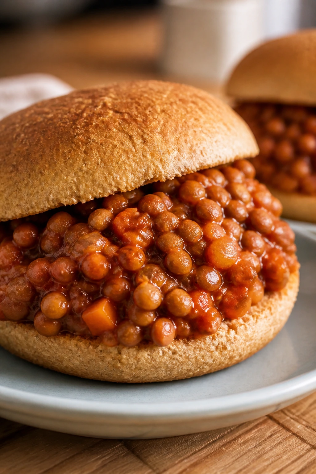 Toasted bun filled with saucy lentil Sloppy Joe