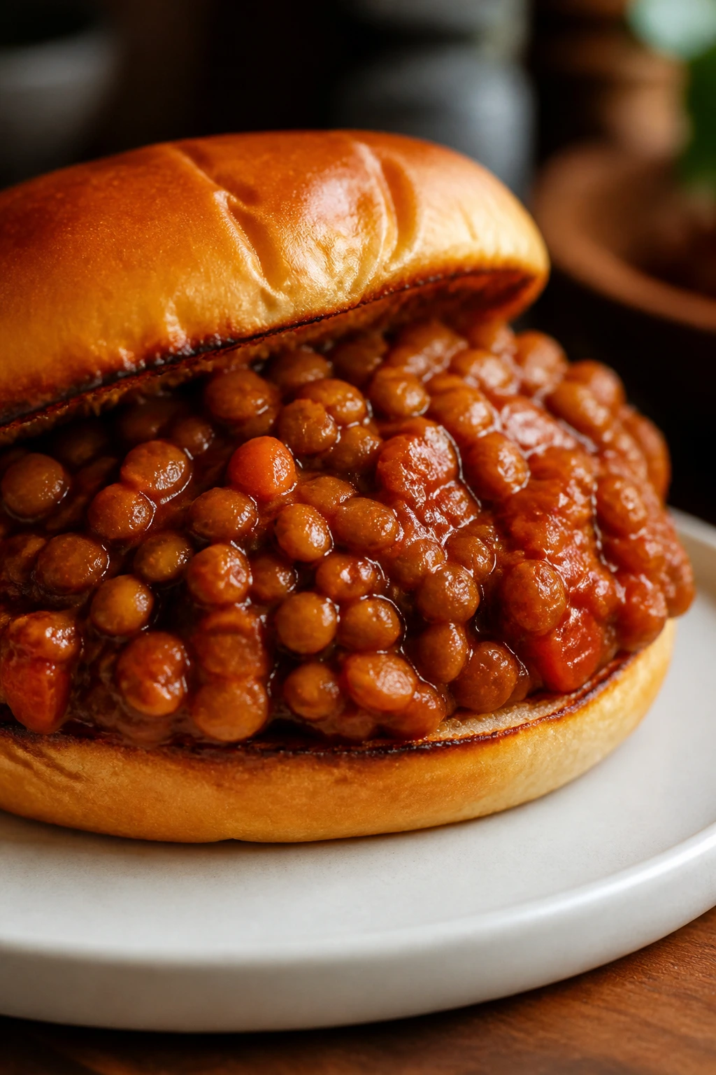 Lentil sloppy joes filling in a sandwich bun