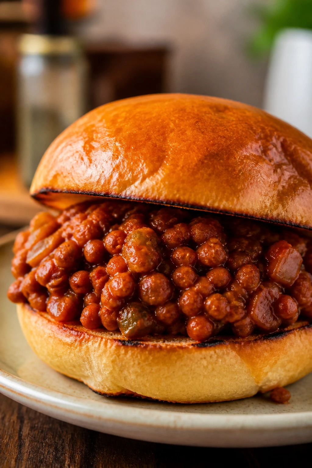 Close-up of lentil sloppy joes on a toasted bun