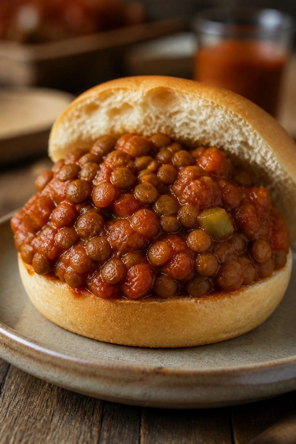 Lentil sloppy joes on a bun half on plate