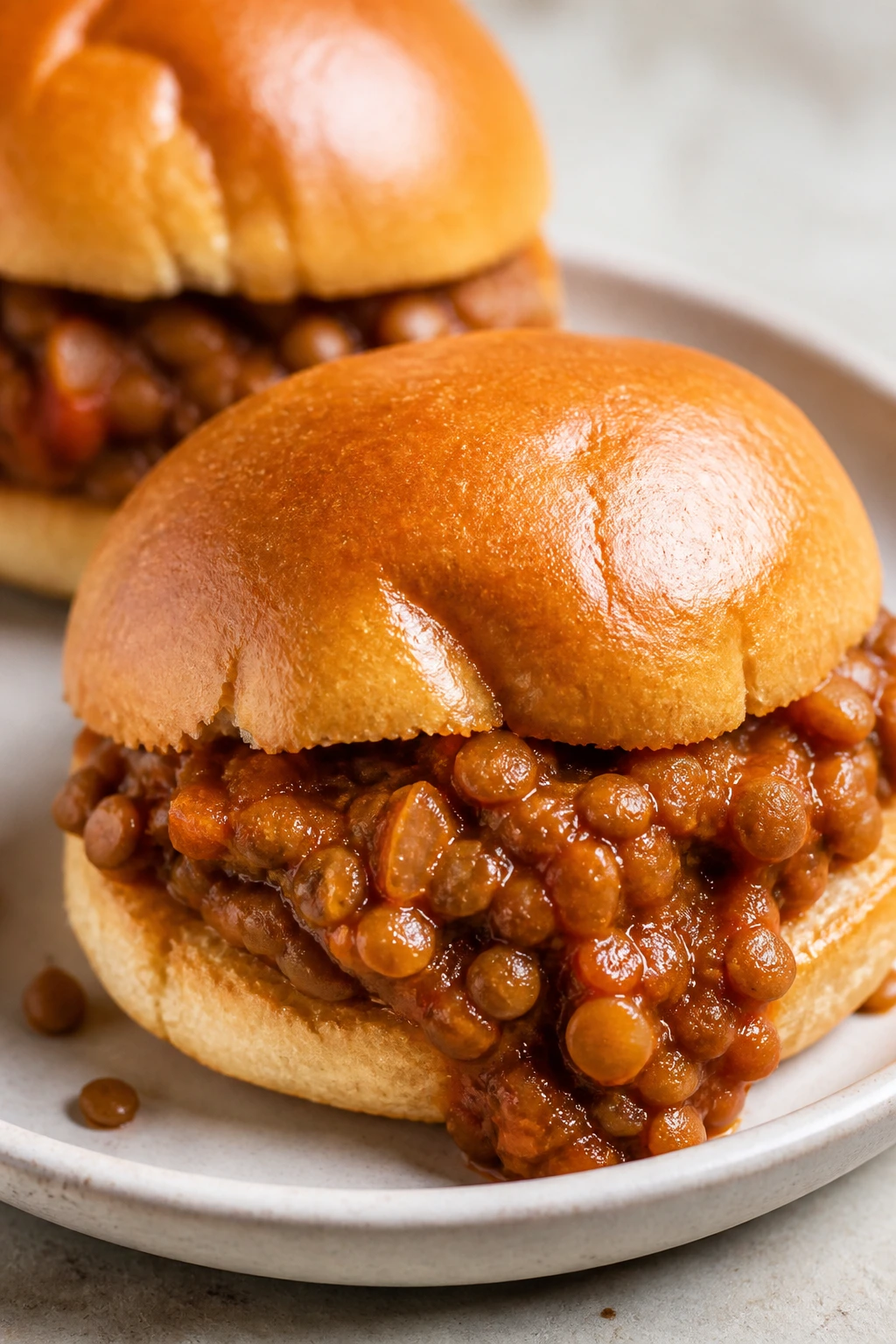 Glossy lentil sloppy joes on a slider bun