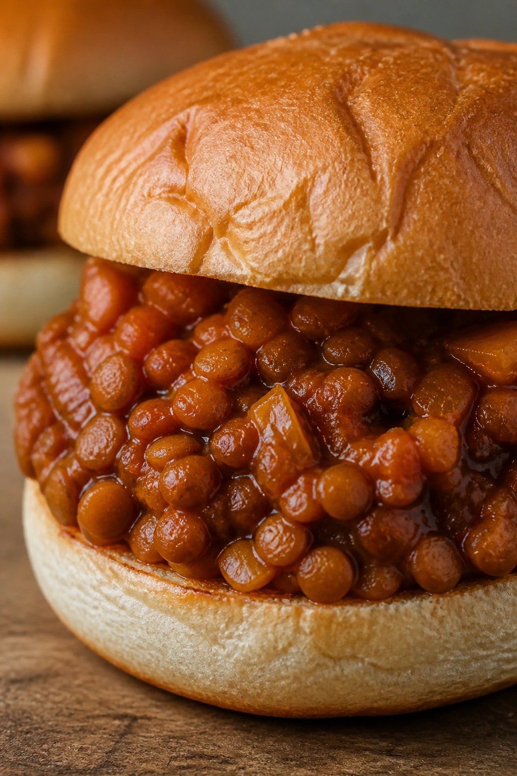 Close-up of Lentil Sloppy Joes on a bun in a kitchen
