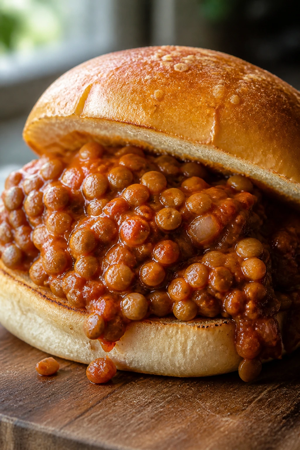 Close-up of a lentil sloppy joe sandwich on a toasted bun with thick sauce