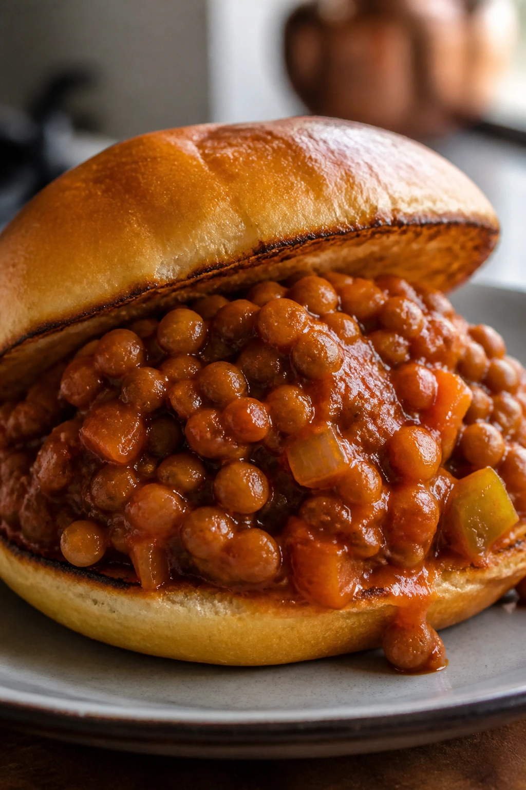 Close-up of a lentil sloppy joe sandwich on a toasted bun with sauce.