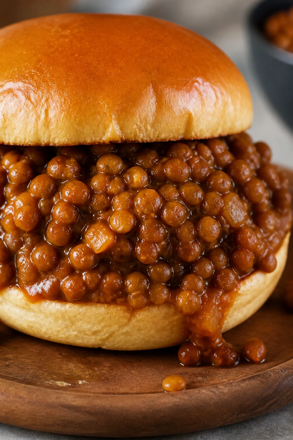 Lentil sloppy joes on a glossy bun in a cozy kitchen