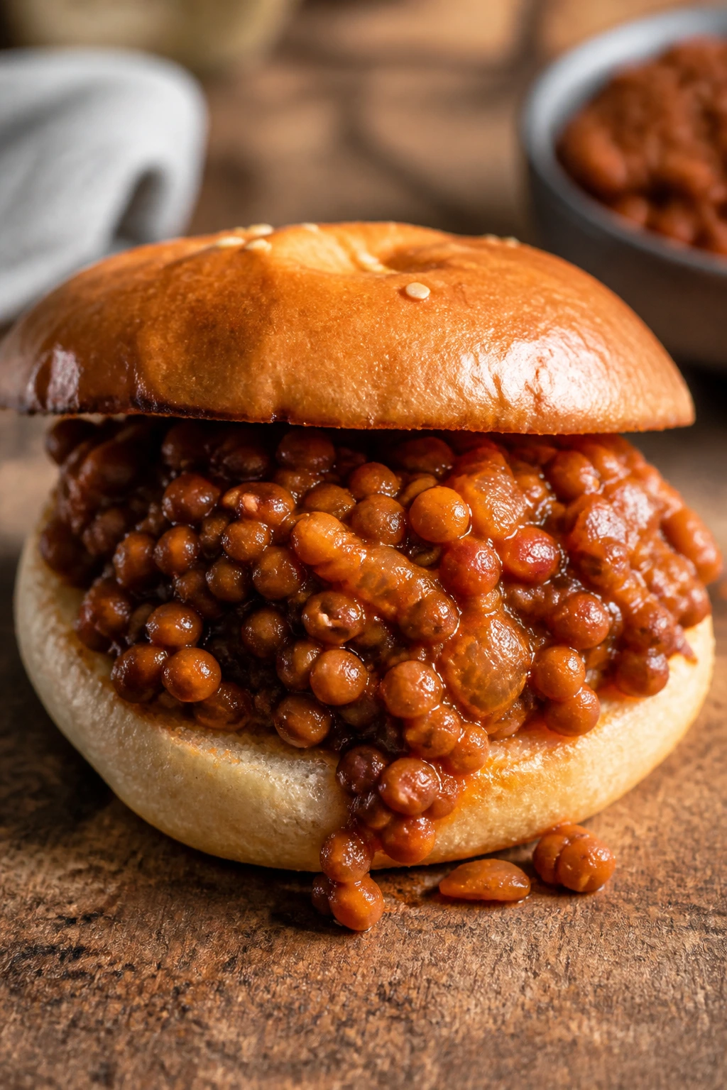 Close-up lentil sloppy joe on a bun with saucy filling