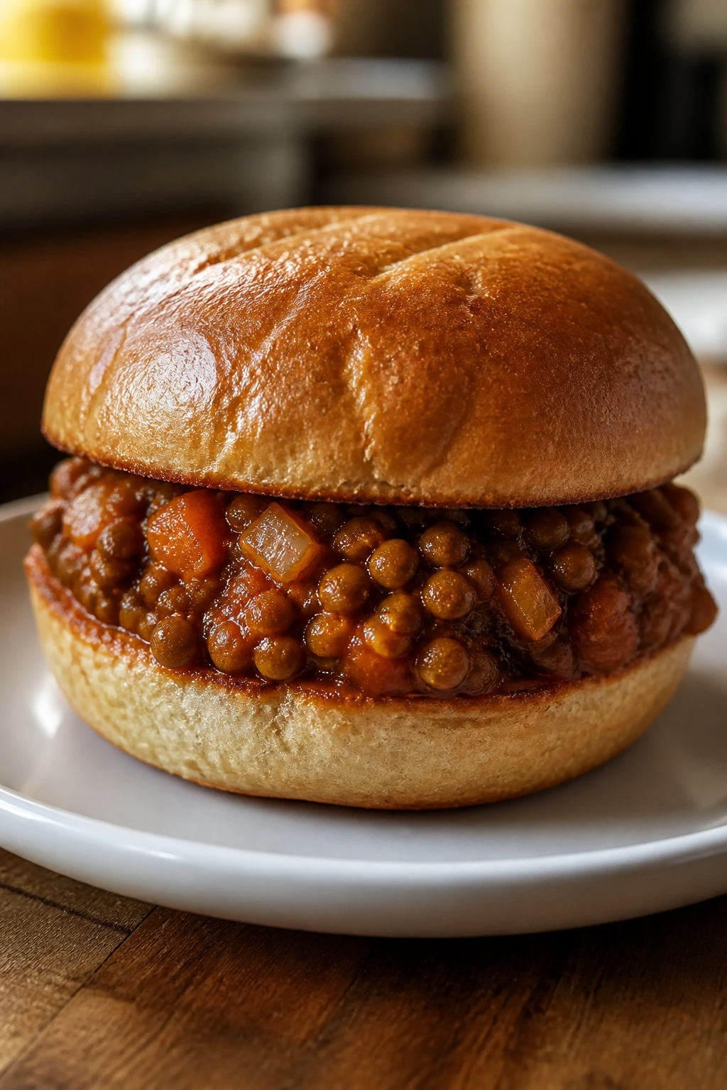 Close-up of lentil sloppy joe sandwich on plate in warm kitchen.