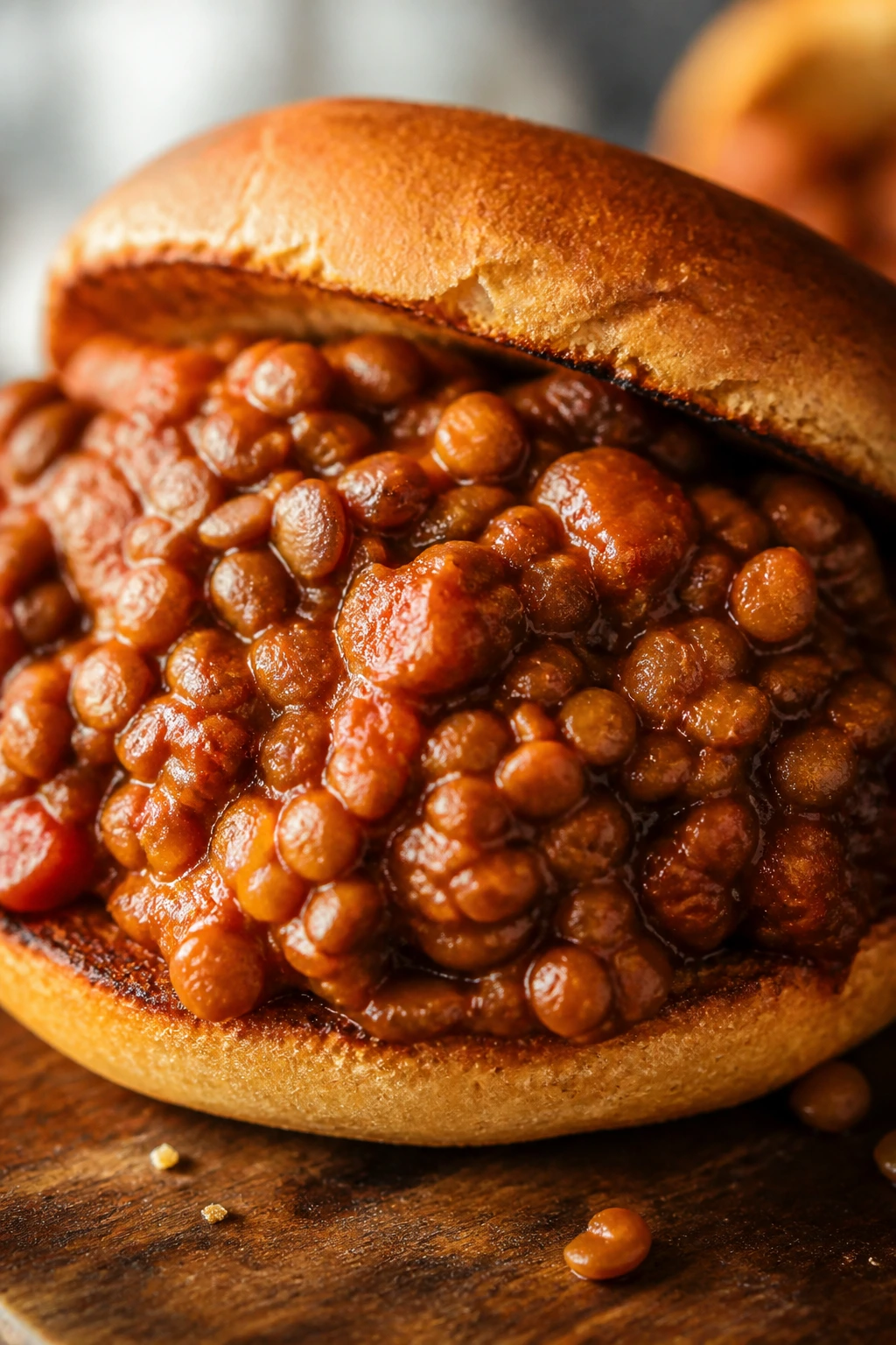 Close-up of a toasted bun filled with saucy lentil sloppy joe filling