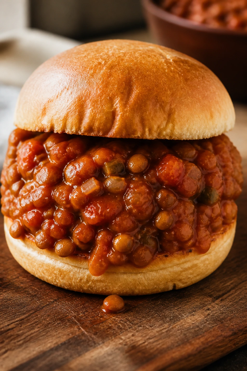 Close-up of a glossy lentil sloppy joes sandwich on a toasted bun