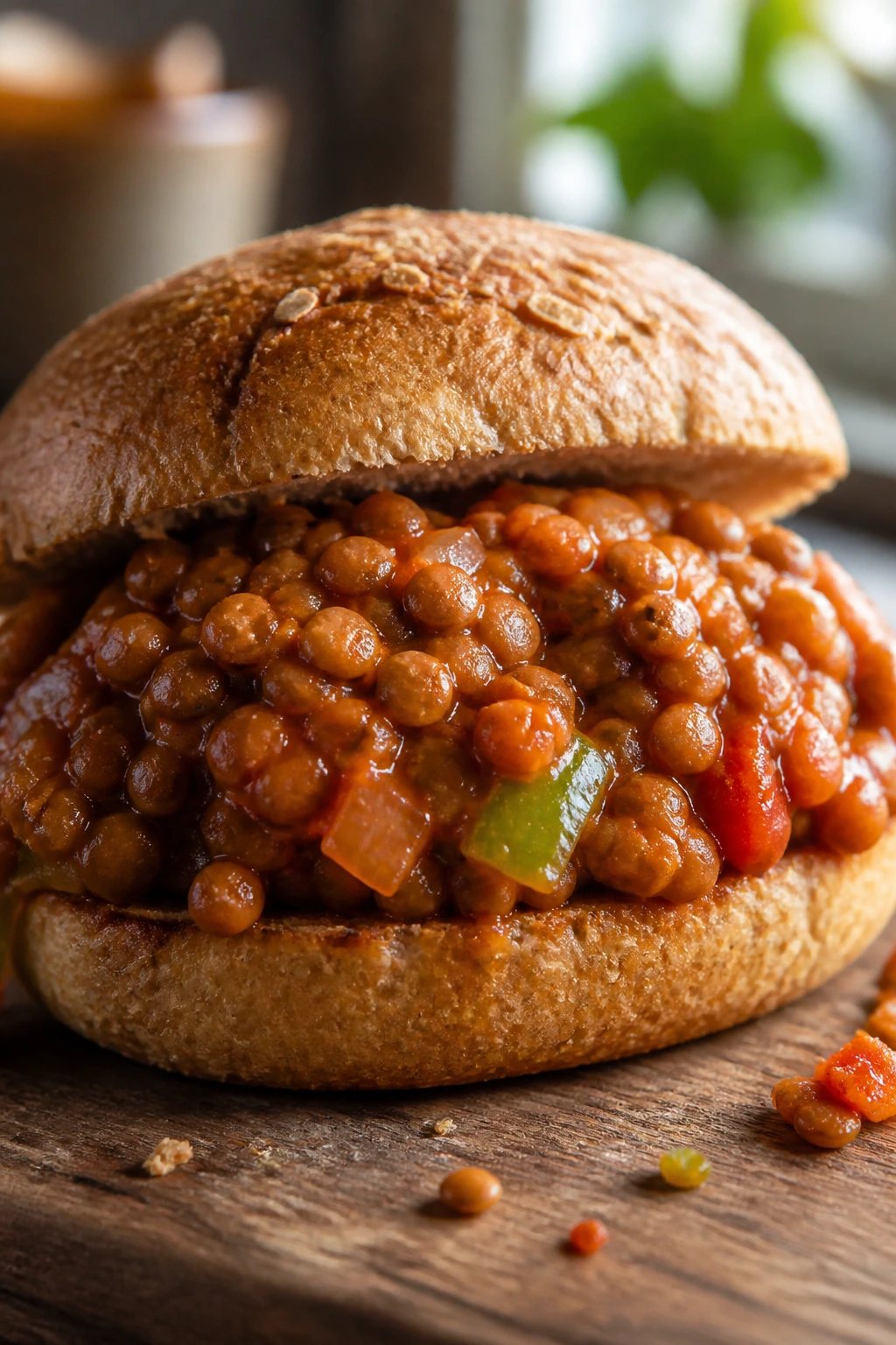 Close-up of a lentil sloppy joe sandwich with saucy filling