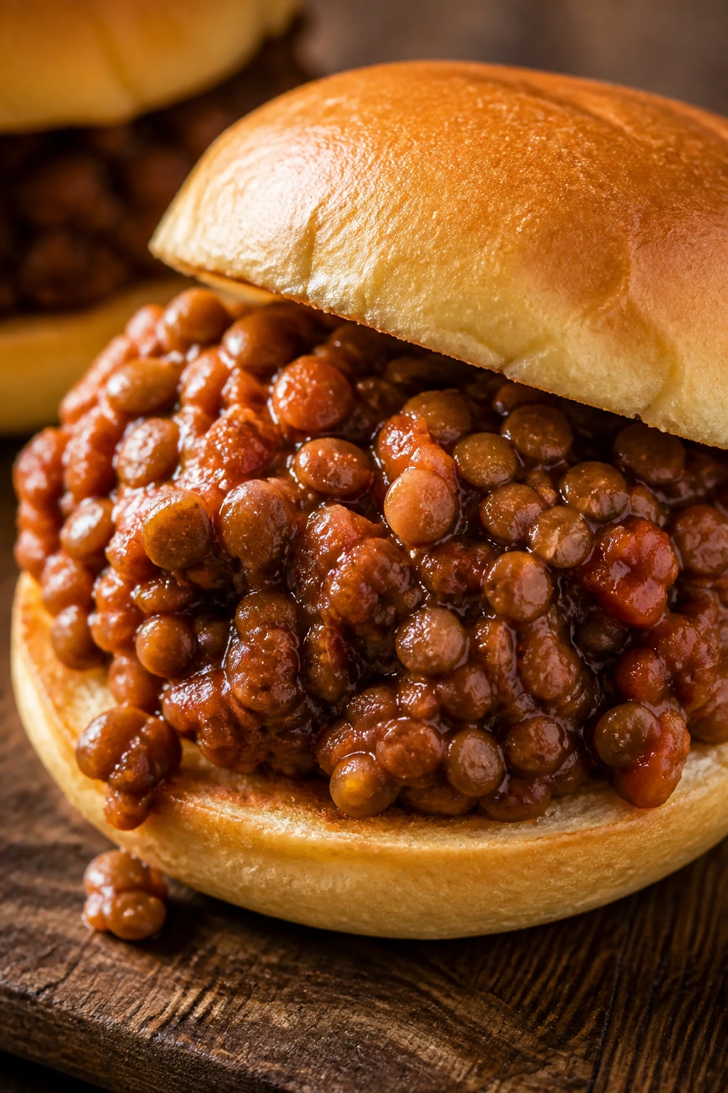 Close-up of lentil sloppy joes on a toasted bun with glossy sauce