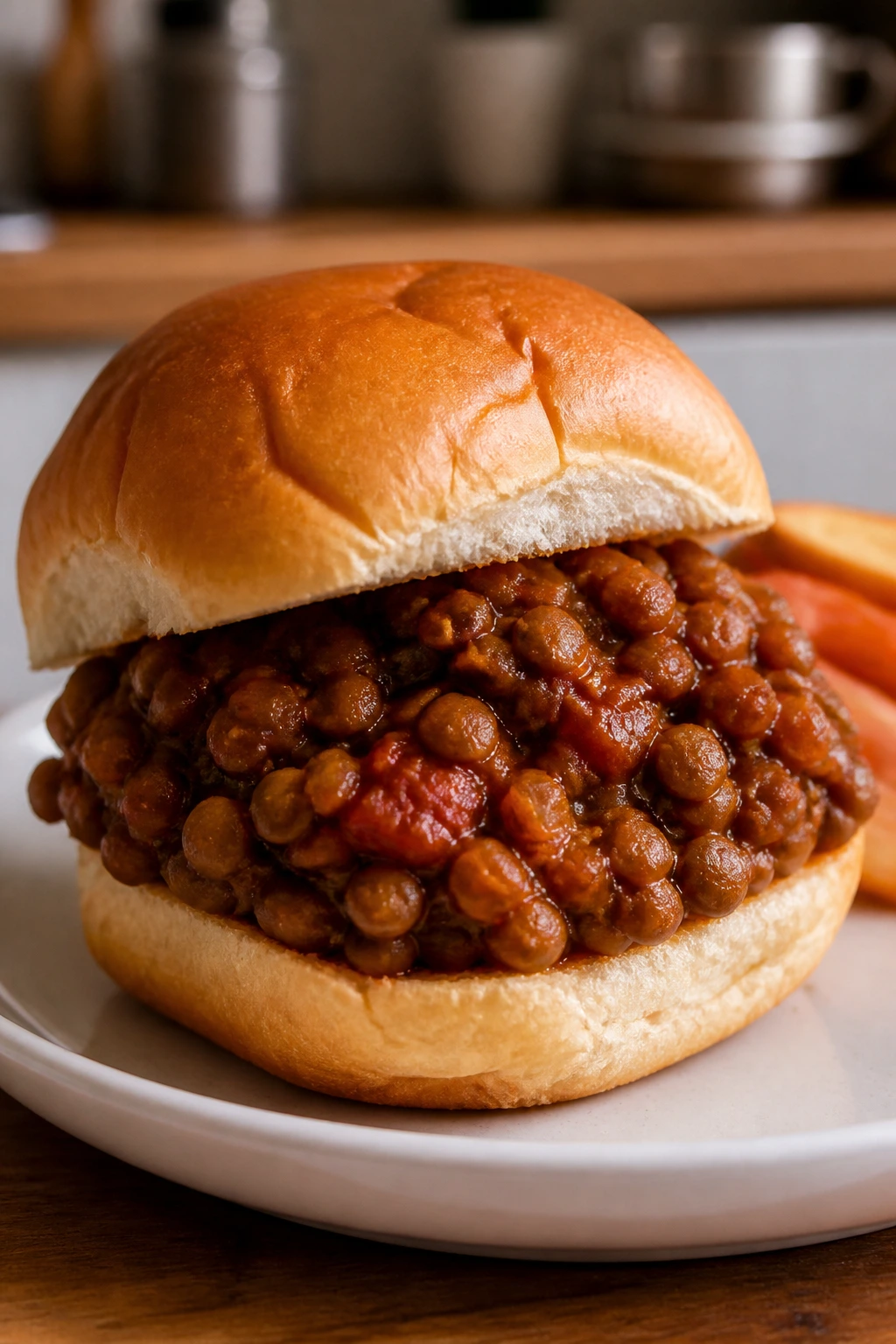 Hamburger bun with saucy lentil filling