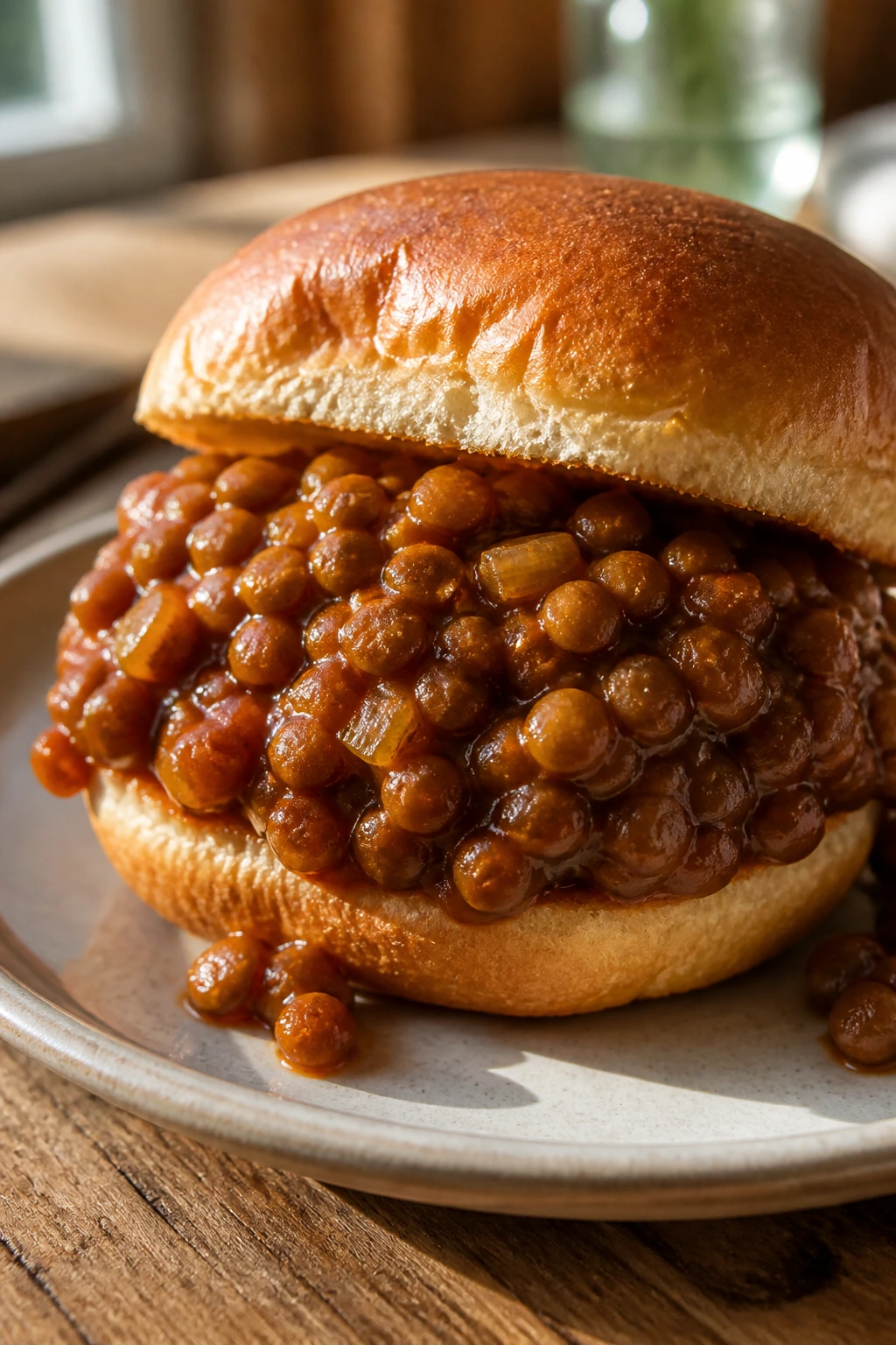 Close-up of a lentil sloppy joe sandwich with glossy sauce on a bun