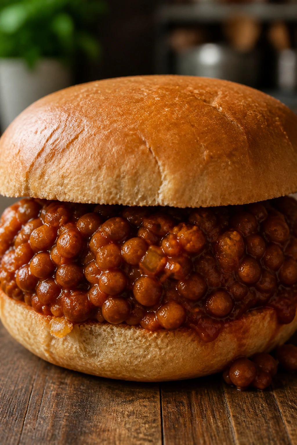 Close-up of lentil sloppy joes on a bun with saucy filling