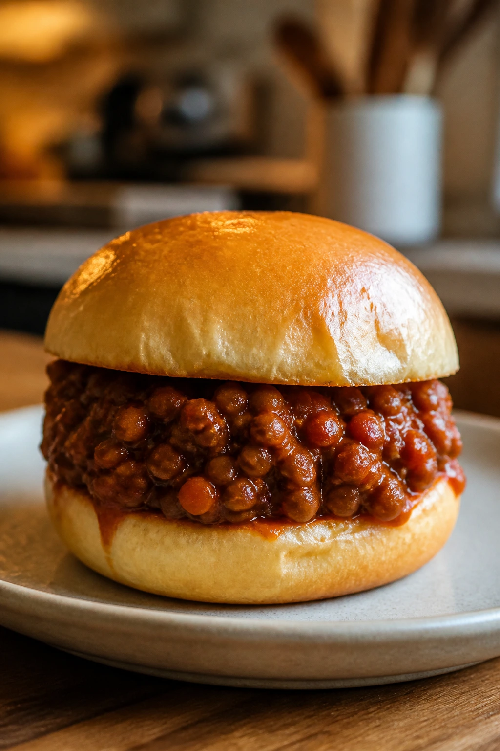 Close-up of lentil sloppy joes on a bun in a kitchen.