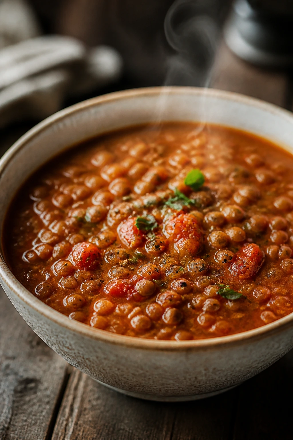 Bowl of hearty lentil soup on a rustic table.