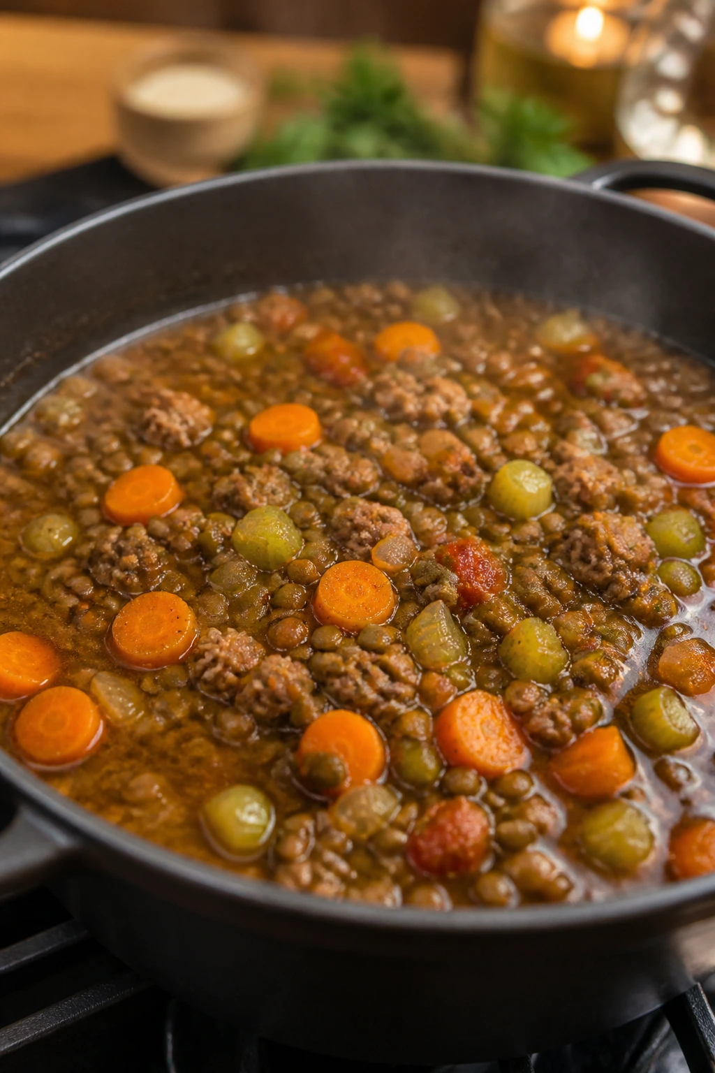 Steaming pot of beef and lentil soup on the stove