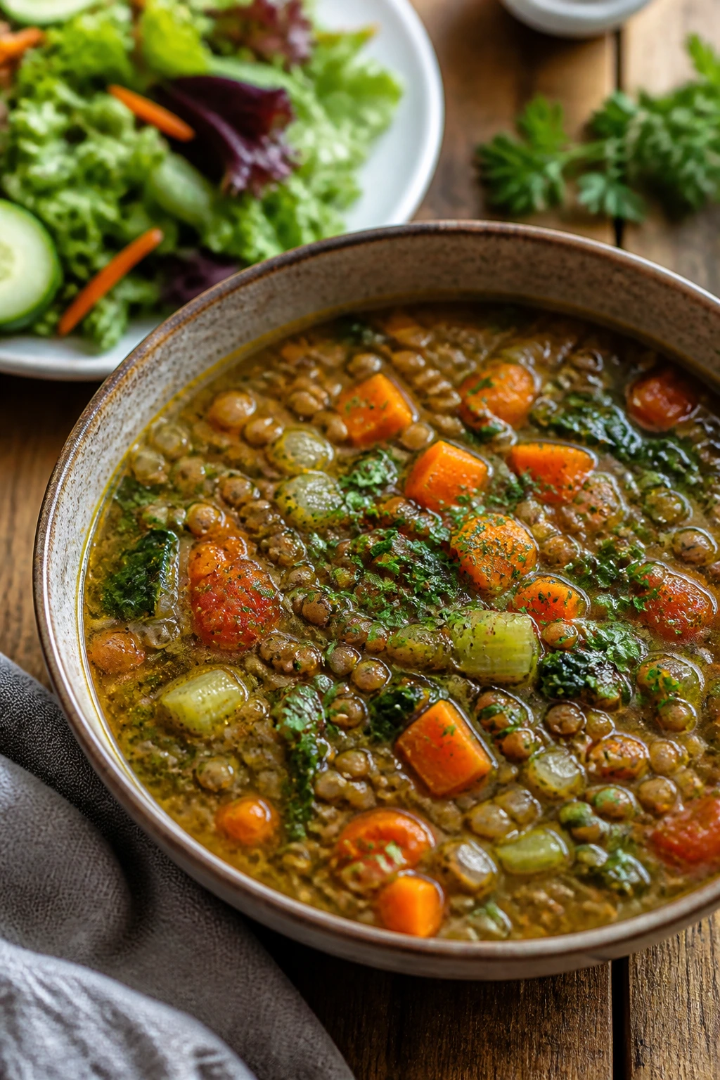 Lentil soup in a bowl with vegetables and herbs