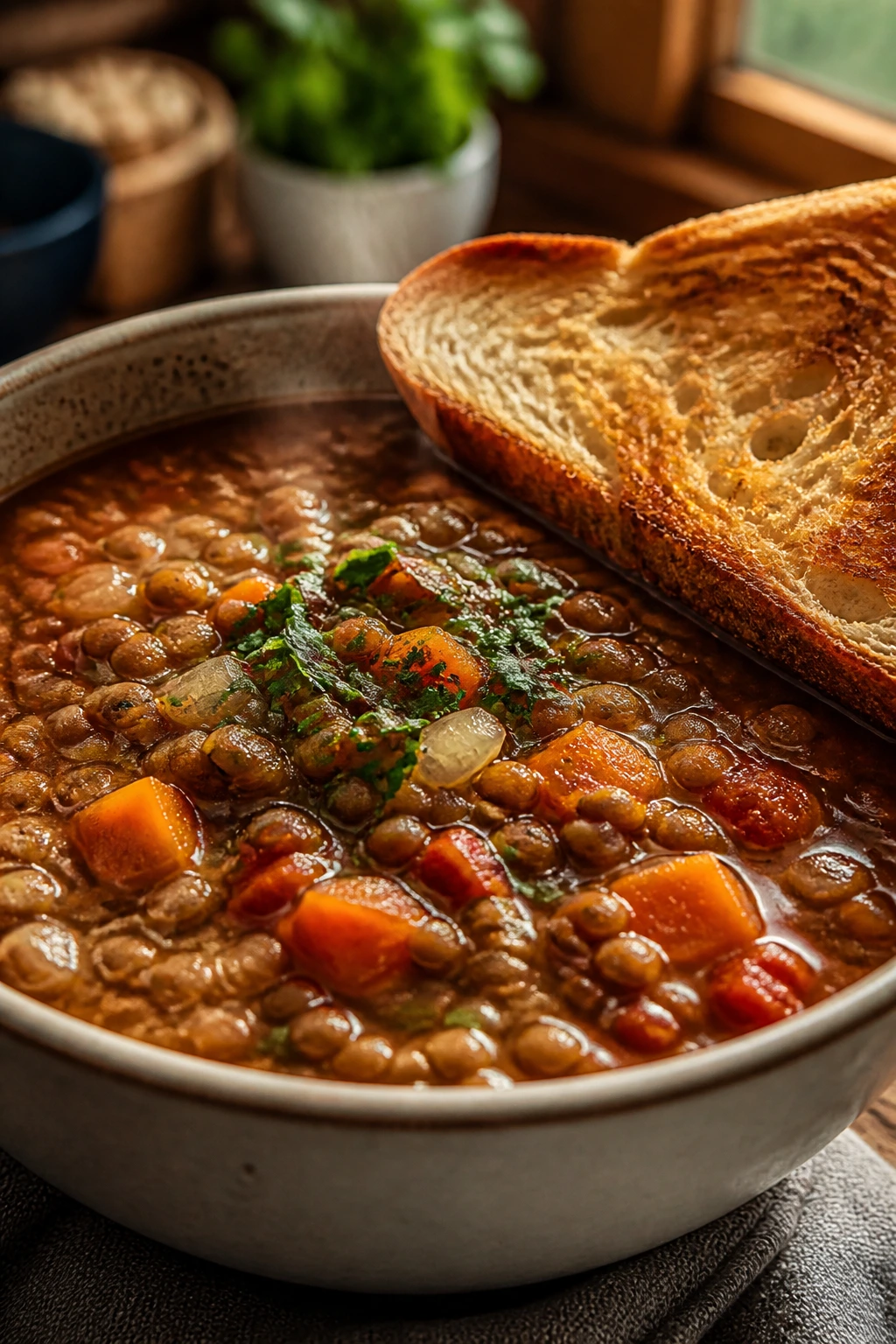 Close-up of lentil soup with toasted bread on rim