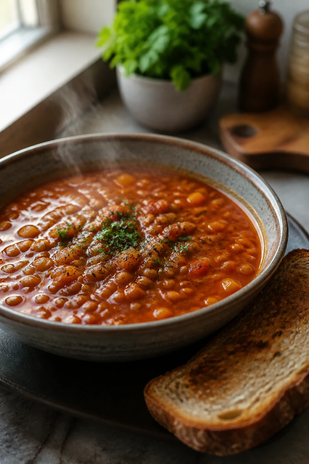 Close-up of lentil-tomato soup with toasted whole-grain bread