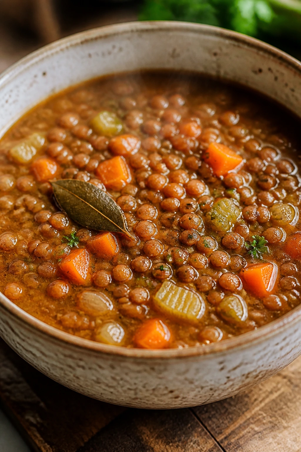 Close-up of hearty lentil soup with carrots and celery in a rustic bowl