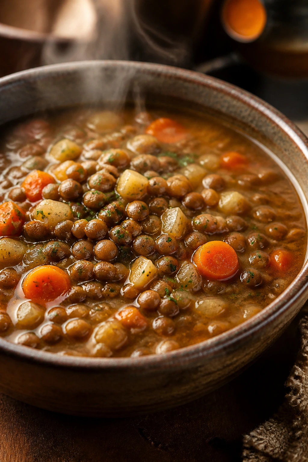 Steaming lentil soup in a bowl on a wooden table