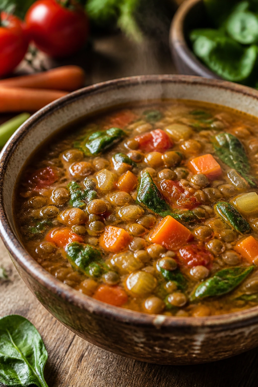 Close-up of hearty lentil and vegetable soup in a rustic bowl