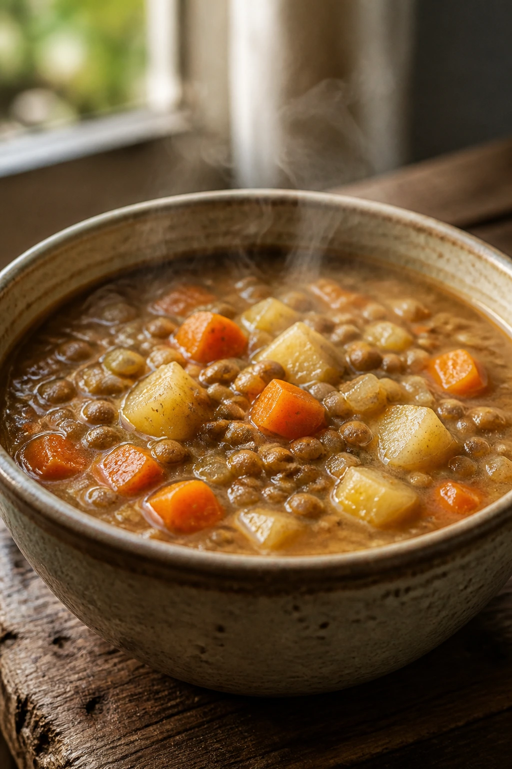Close-up of hearty lentil soup with carrots and potatoes in a rustic bowl