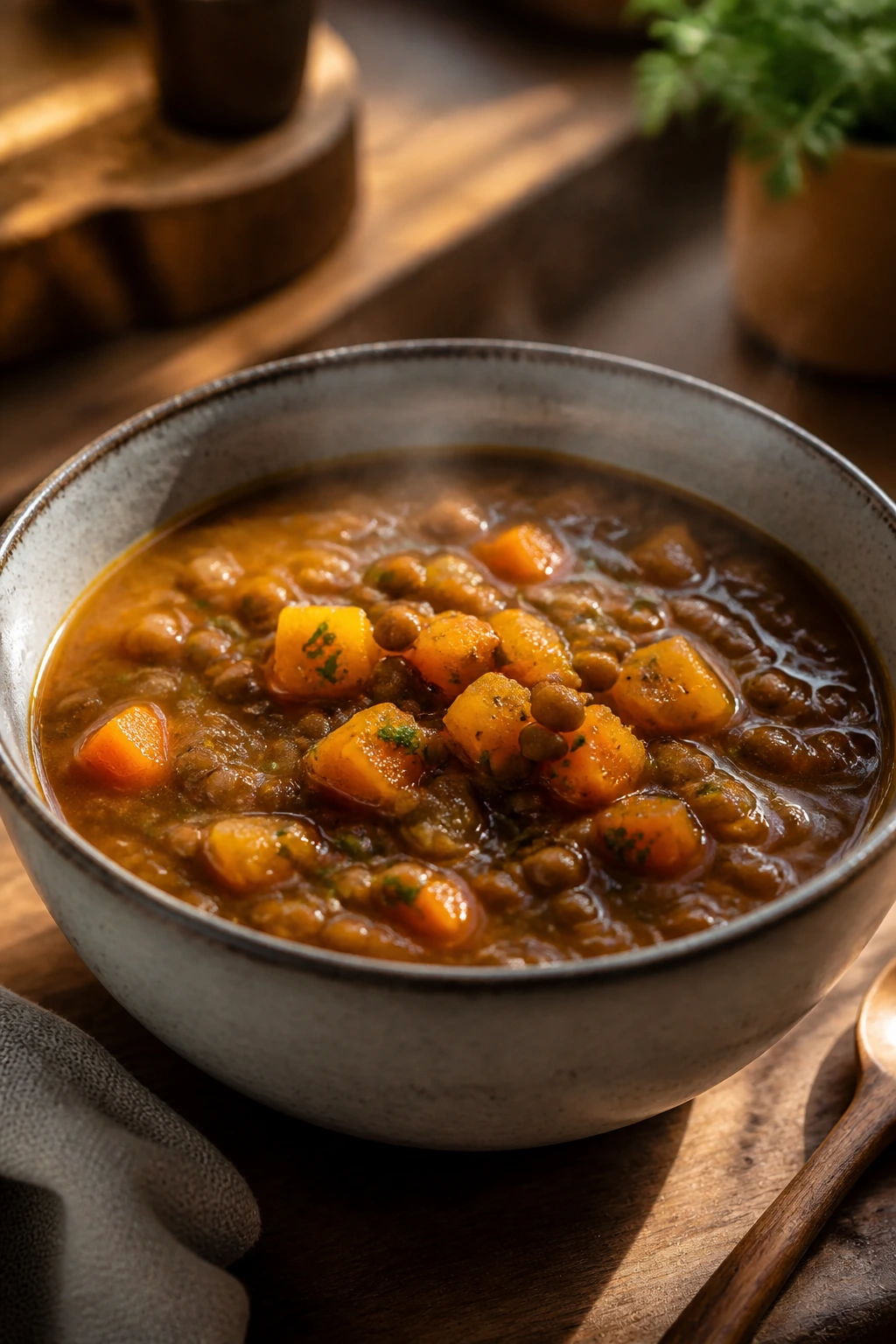 Close-up of hidden-veggie lentil soup with carrot and squash in a bowl
