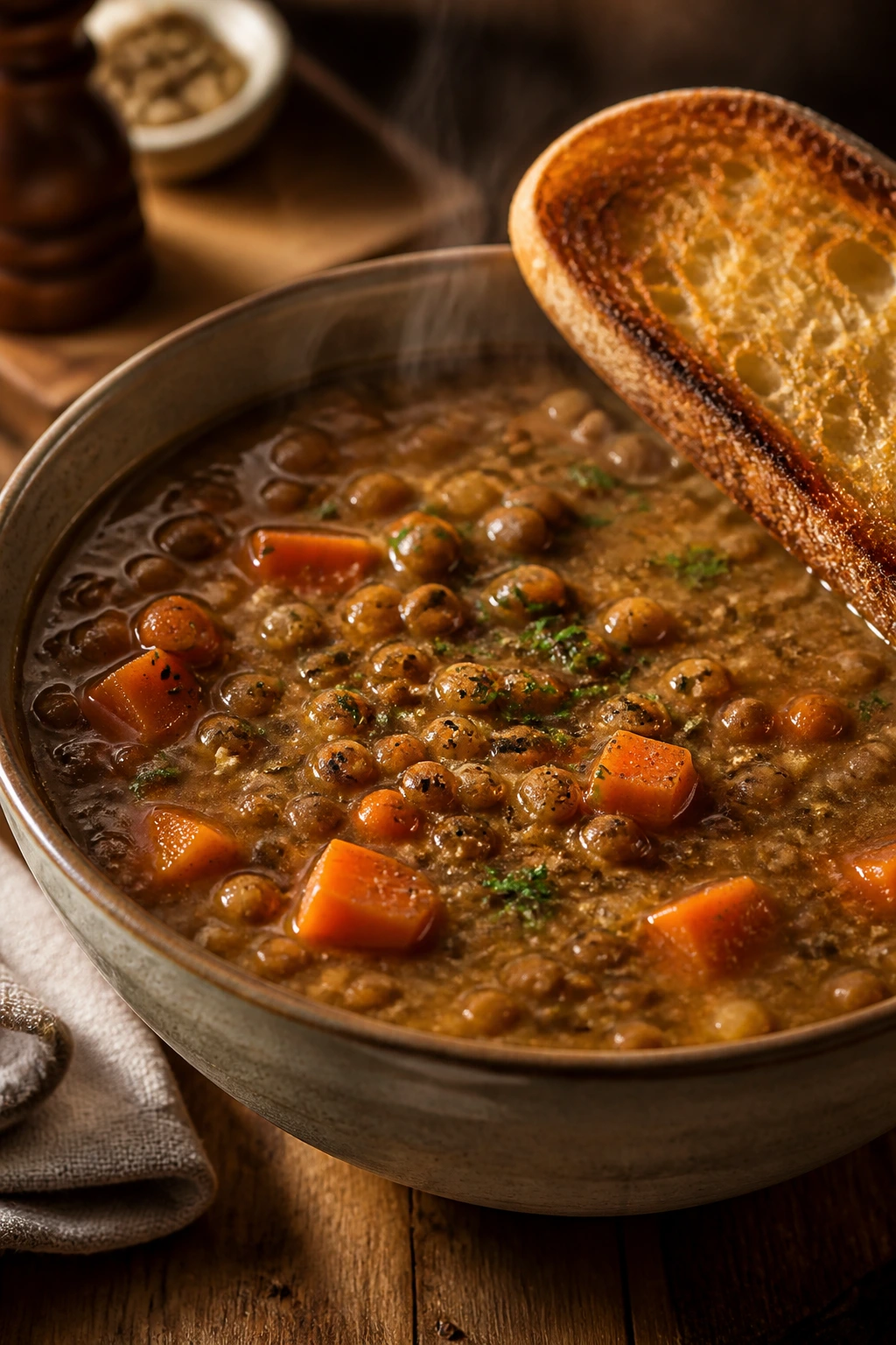 Bowl of lentil soup with carrots and toast